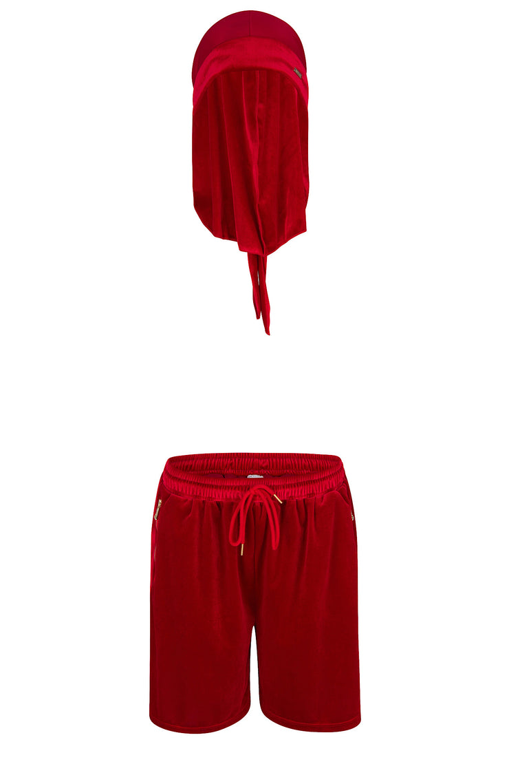 MATCHING SET VELVET SHORTS AND DURAG