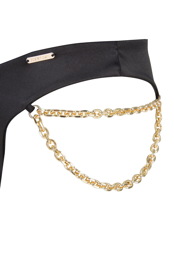 SWIMWEAR BIKINI BOTTOM BLACK SATIN GOLD CHAIN LUXURY
