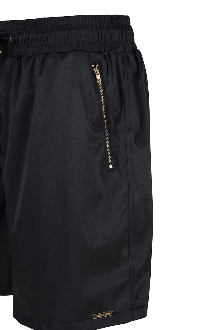 Black Satin Shorts with Golden Zippers