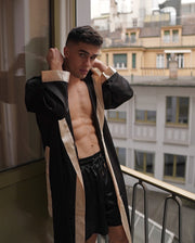 black golden satin robe with hood