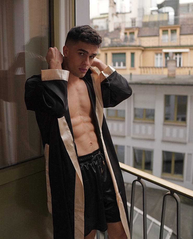 black golden satin robe with hood