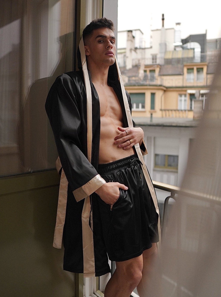 BLACK GOLDEN HOODED SATIN ROBE MENS
